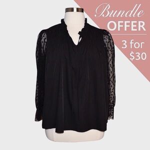 SHEIN Romantic Black Blouse Sheer Dot Sleeves Feminine Ruffle Neckline